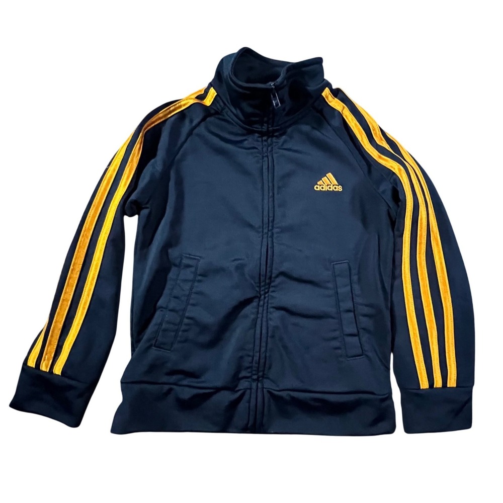 Adidas Track Jacket Kids Size 4 Navy Blue Yellow 3-Stripe Full Zip Athletic‎